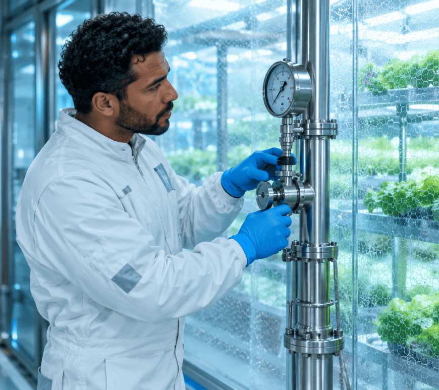 A technician in a white coverall and blue gloves turns a stainless-steel pressure valve while reading its gauge, beside a glass wall that shows shelves of lettuce growing in a greenhouse module.