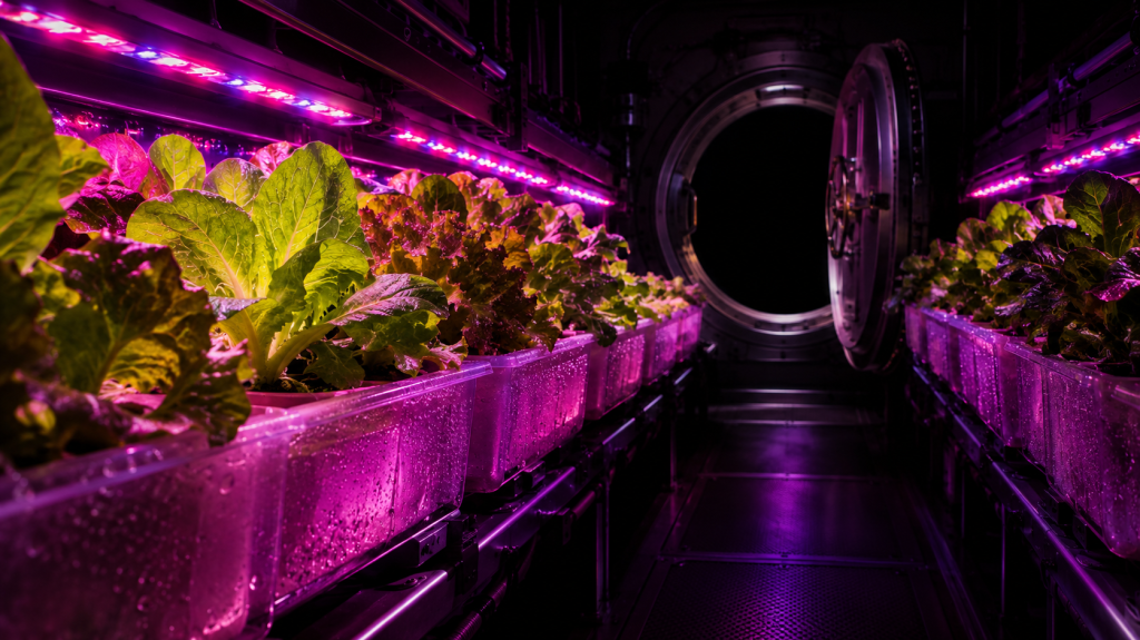 Rows of young lettuce glow under magenta and violet LED bars in a dark greenhouse module, with a round airlock hatch slightly open onto blackness at the end of the aisle.