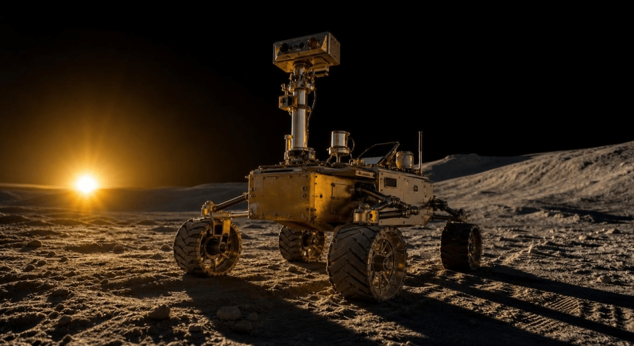 A gold-toned lunar rover with a sensor mast stands on gray regolith as a low sun sets on the horizon, casting long shadows under a black sky.