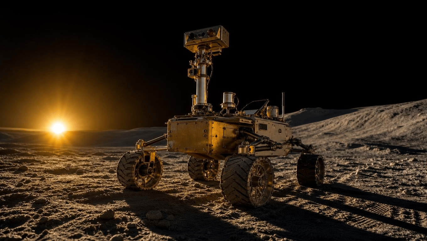 A gold-toned lunar rover with a sensor mast stands on gray regolith as a low sun sets on the horizon, casting long shadows under a black sky.