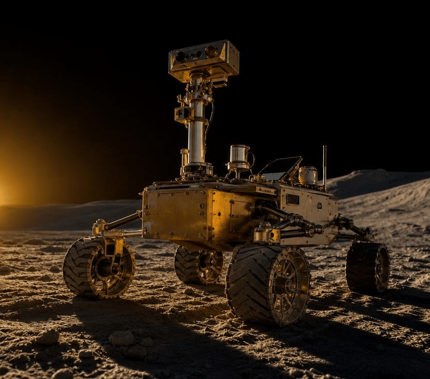 A gold-toned lunar rover with a sensor mast stands on gray regolith as a low sun sets on the horizon, casting long shadows under a black sky.