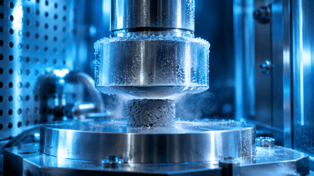 A frost-covered steel plate presses on a small pellet of lunar soil simulant inside a blue-lit cold-test chamber, with vapor rising from the contact point.