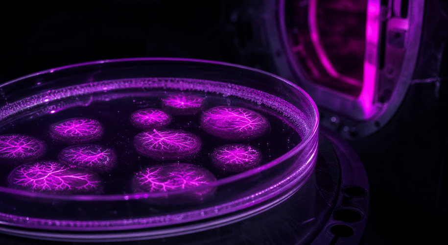 Macro view of a gel plate with microbe colonies glowing violet and magenta in the dark, next to a half-open radiation-shielding chamber door lit by a thin magenta light.