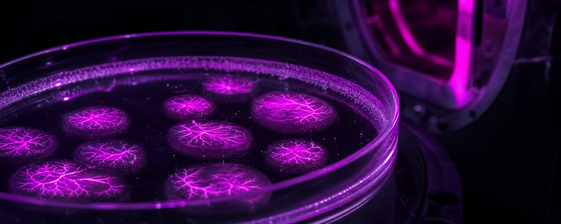 Macro view of a gel plate with microbe colonies glowing violet and magenta in the dark, next to a half-open radiation-shielding chamber door lit by a thin magenta light.