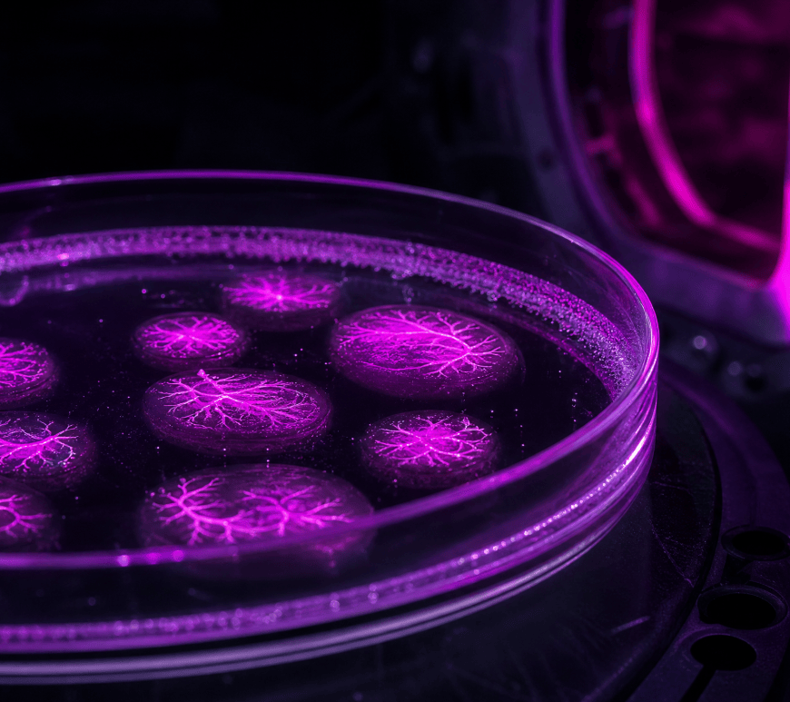 Macro view of a gel plate with microbe colonies glowing violet and magenta in the dark, next to a half-open radiation-shielding chamber door lit by a thin magenta light.