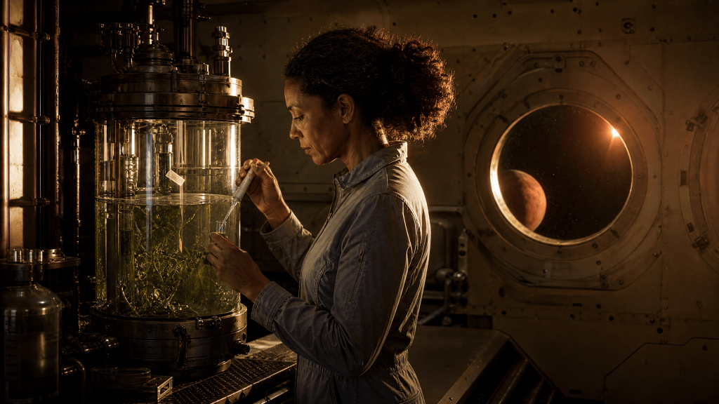 A woman in profile draws a sample with a pipette from a glass bioreactor aboard a spacecraft, a porthole behind her showing a small red Mars lit by amber sunlight.