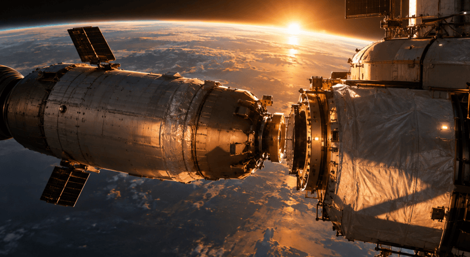 A cylindrical cryogenic rocket stage approaches the docking port of a propellant depot in low Earth orbit, both backlit by the sun rising over Earth's curved horizon.