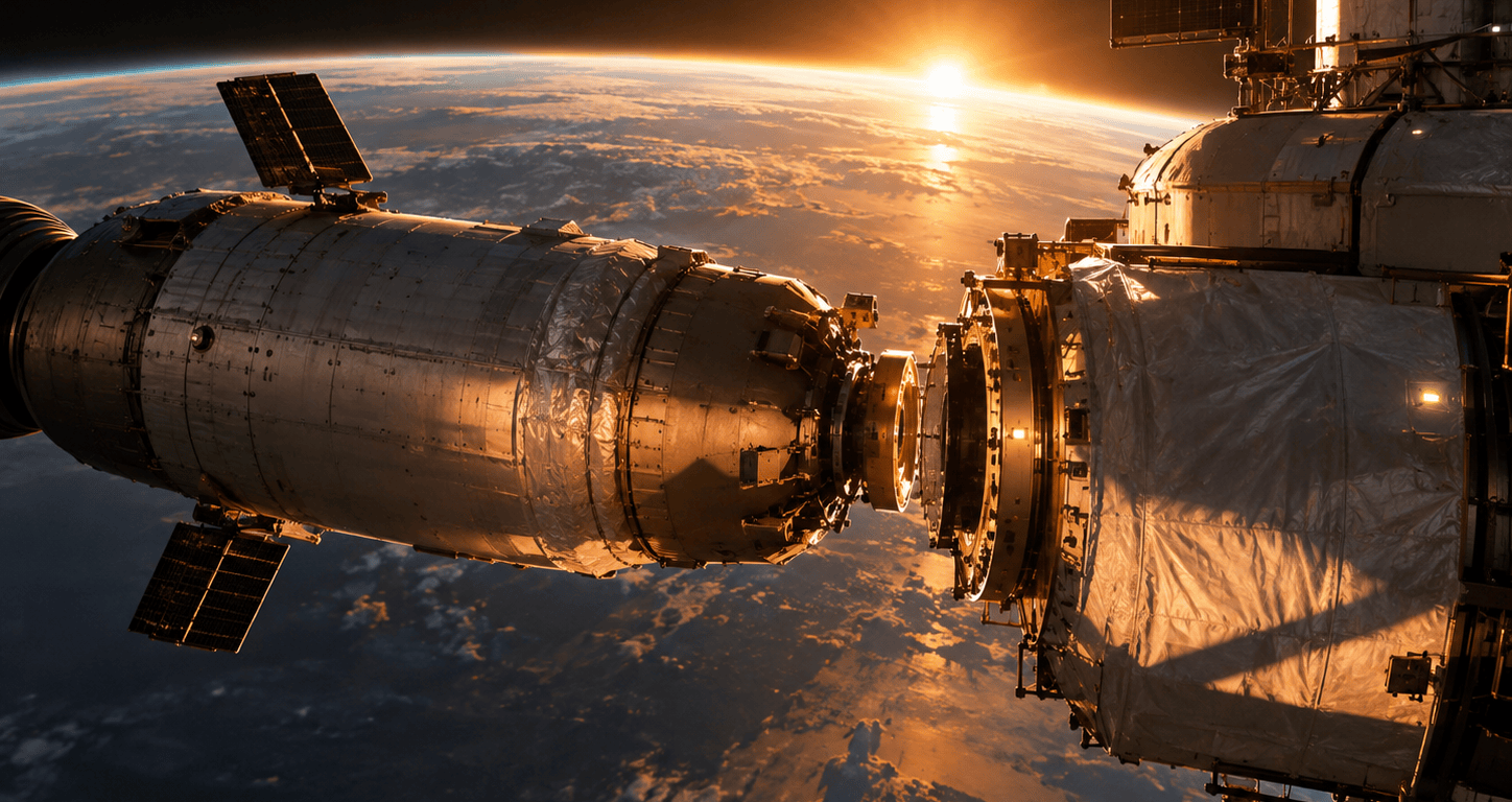A cylindrical cryogenic rocket stage approaches the docking port of a propellant depot in low Earth orbit, both backlit by the sun rising over Earth's curved horizon.