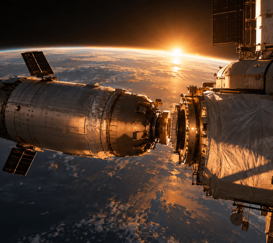 A cylindrical cryogenic rocket stage approaches the docking port of a propellant depot in low Earth orbit, both backlit by the sun rising over Earth's curved horizon.