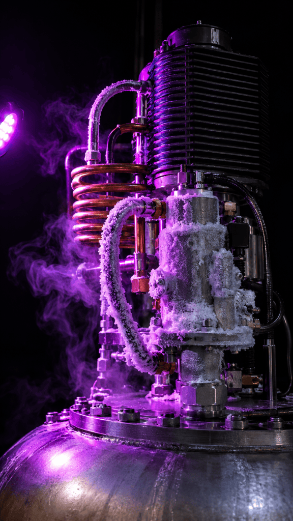 Close-up of a cryocooler on top of a propellant tank, its copper coils and valves covered in frost and lit violet by a single lamp, with cold vapour drifting in the dark.