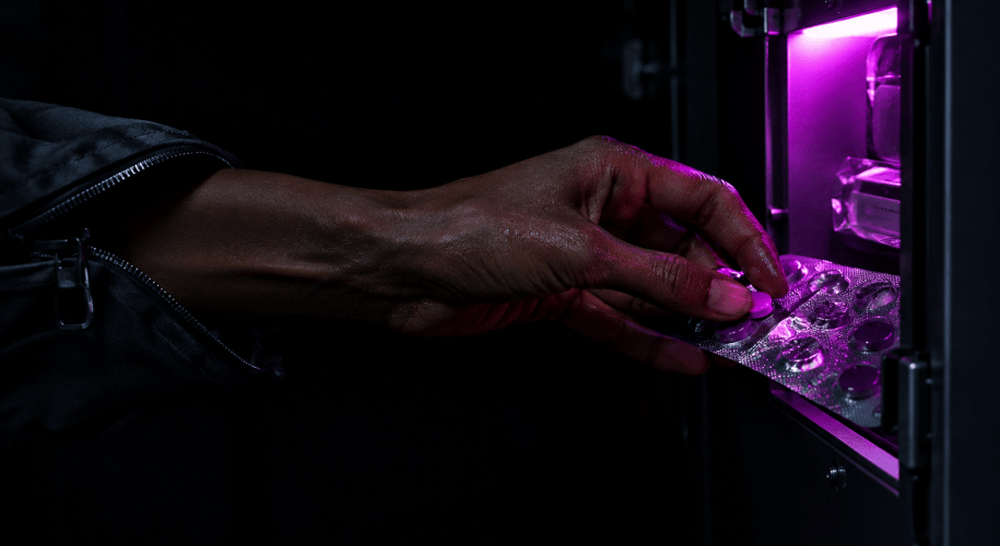 A woman's bare hand and forearm, emerging from a flight-suit cuff, press a tablet out of a silver blister pack in a dark habitat locker lit by magenta light.