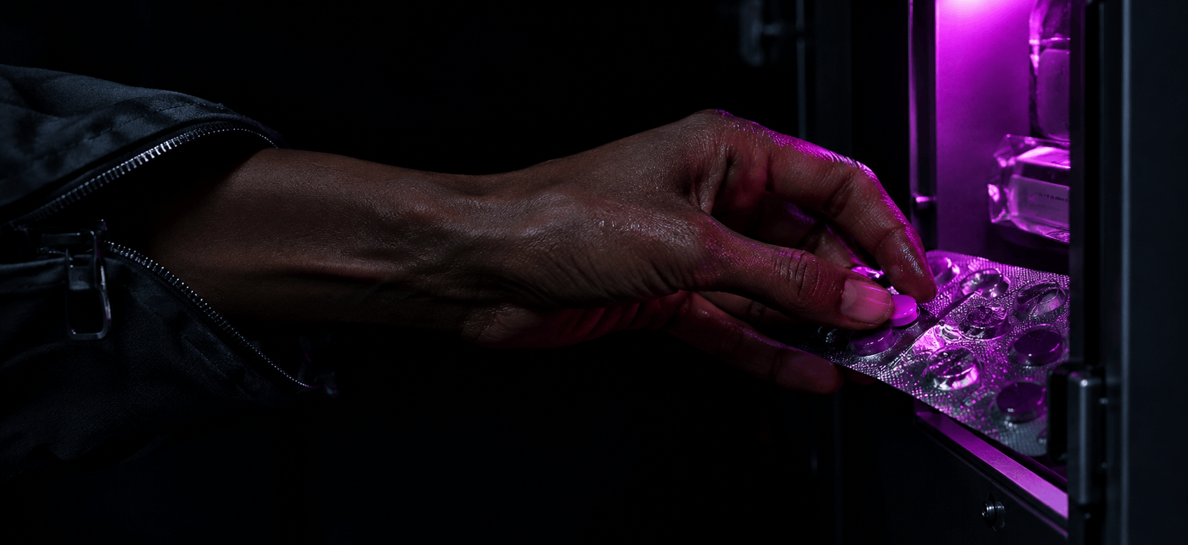 A woman's bare hand and forearm, emerging from a flight-suit cuff, press a tablet out of a silver blister pack in a dark habitat locker lit by magenta light.