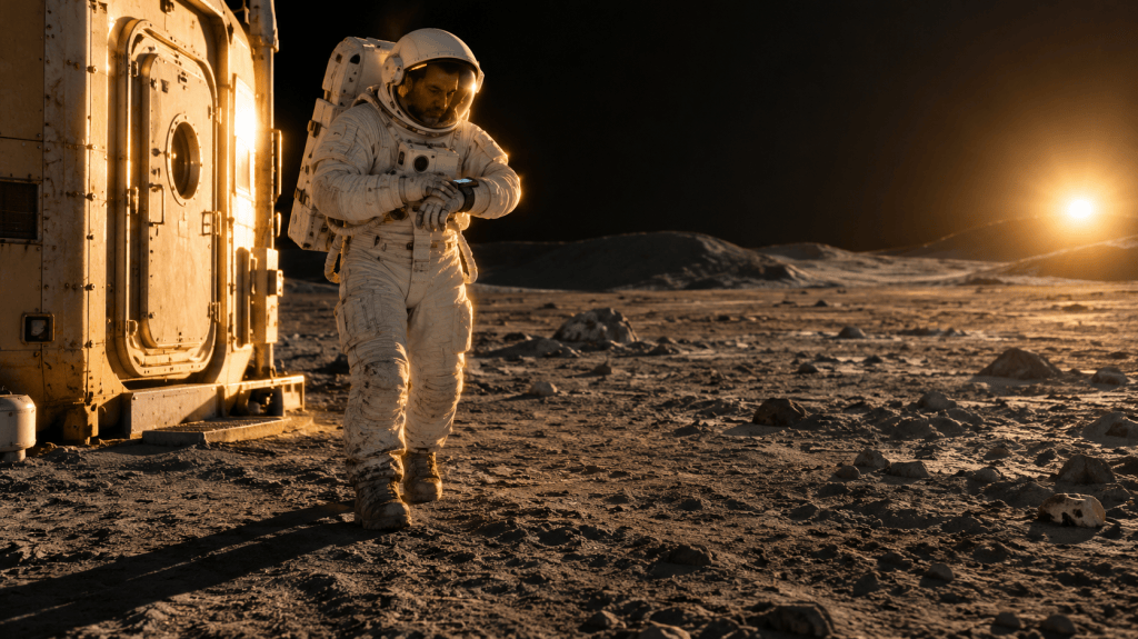 An astronaut in a white spacesuit checks the display on his sleeve beside a riveted habitat airlock on the Moon, backlit by a low golden sun.